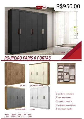 Roupeiro Paris 6 Portas - MDF - R$950,00