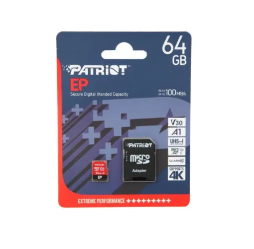CARTÃO DE MEMORIA 64 GB MICRO SD COM ADAPTADOR V30 4K 100MBPS CLASSE 10 PATRIOT