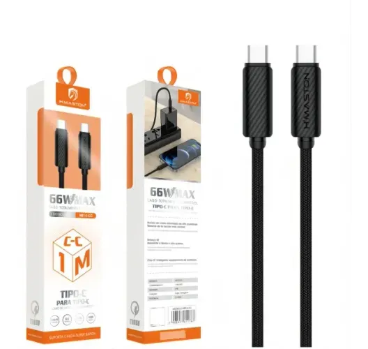 Cabo Tipo C Para Tipo C H`Maston, 2 Metro, 66W, Preto - HB14-CC2M