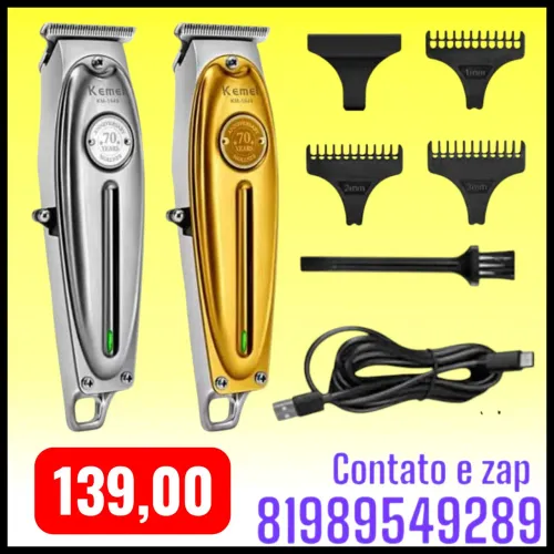 máquina de acabamento profissional Kemei KM-1949, disponível nas cores prata e dourado.