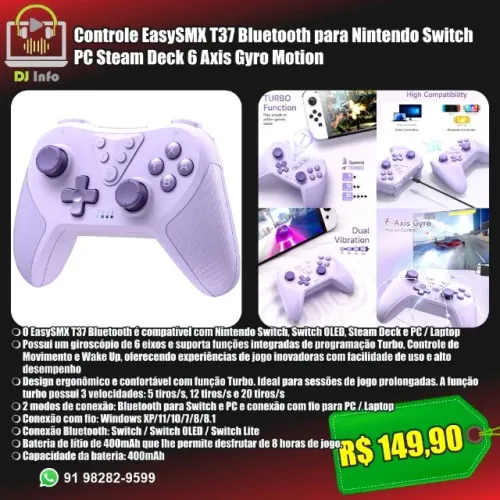 Controle EasySMX T37 Bluetooth para Nintendo Switch PC Steam Deck 6 Axis Gyro Motion