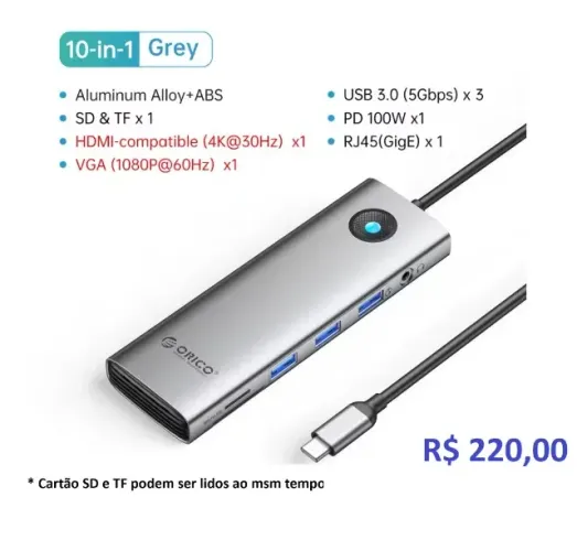 Hub dock orico Tipo C p/ hdmi usb vga rj45 p3 (6 em 1 / 10 em 1)