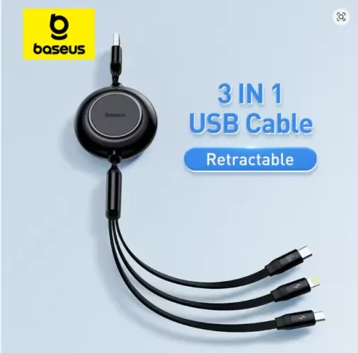 Cabo Retratil USB 66W Baseus 3 em 1 (TipoC, Micro e iPhone) [Novo]