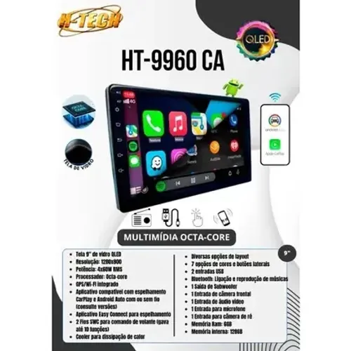 Central Multimidia 9pol QLed Octa-Core 6GB 128GB Android Auto Carplay Espelhamento