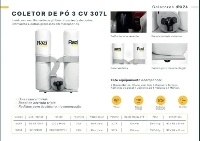 Coletor de pó 3 bocas 2 reserv. motor 3 cvp