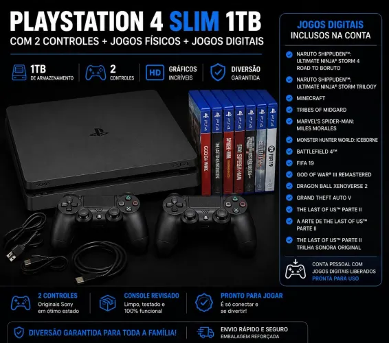 PS4 Slim 1TB + 2 Controles + Conta com Jogos Digitais + Jogos Físicos - Excelente Estado