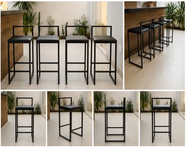 4 Banquetas Altas Pretas com Encosto - Ferro e Estofado
