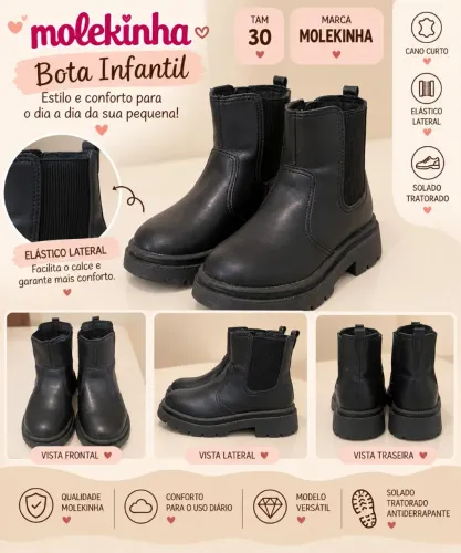 Bota preta infantil molekinha tam 30