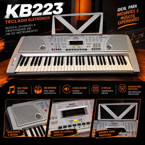 Teclado Eletrônico KB223 61 Teclas - 100 Tons e 100 Ritmos