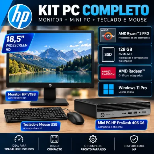 Kit Mini PC HP ProDesk 405 G6 | Monitor HP V19B 18,5" | Teclado e Mouse