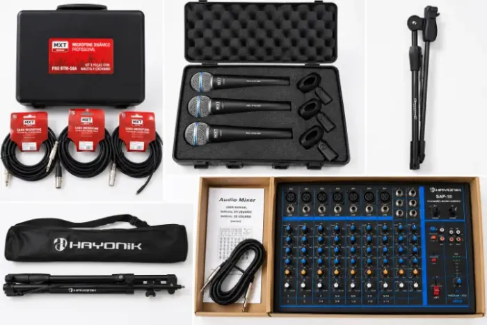 Kit de Som - Mesa de som, Kit Microfone, Partitura e Pedestral