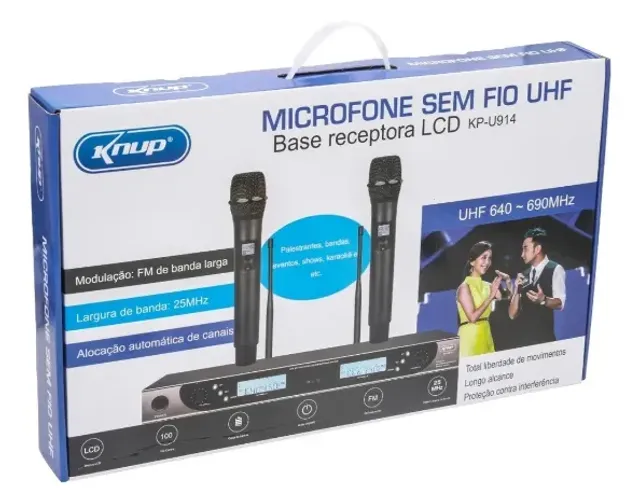 MICROFONE SEM FIO DUPLO UHF KNUP KP-U914 - PROFISSIONAL