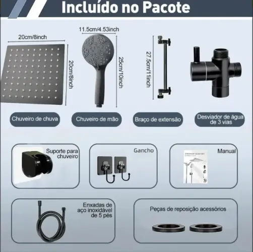 Chuveiro a Gás com Desviador e Ducha Manual de Aço Inoxidável - preto - NOVO