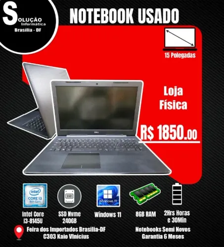 Notebook Dell Intel Core I3-8145U 8GB RAM SSD 240GB Windows 11 15* Polegadas