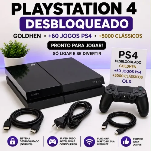 PlayStation 4 500GB Desbloqueado GoldHen + 60 Jogos PS4 + 5000 Clássicos | Pronto uso