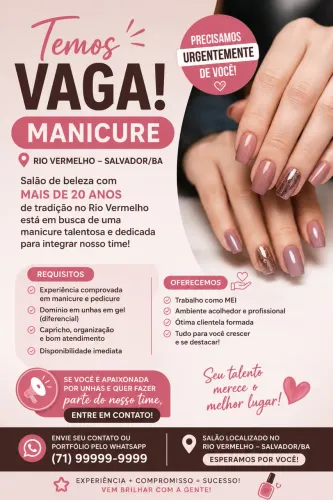 Vaga para Manicure | Salão Tradicional no Rio Vermelho | Início Imediato