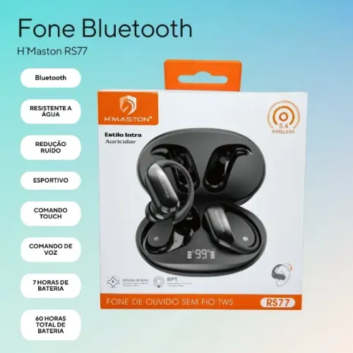 Fone de Ouvido Bluetooth In-ear H'maston RS77 Resistência Água Preto