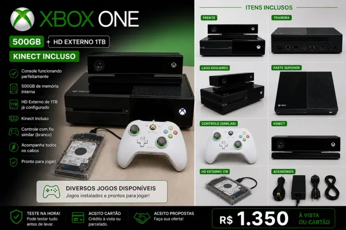 Xbox One Fat 500GB + HD Externo 1TB + Kinect + Controle + Cabos