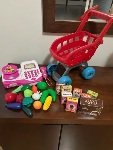 Kit caixa registradora e carrinho de compras com acessórios 