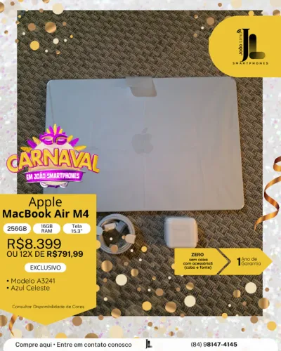 MACBOOK AIR M4, 256GB, 16GB RAM, TELA 15.3 POL., ZERO, SEM CAIXA, EXCLUSIVO!