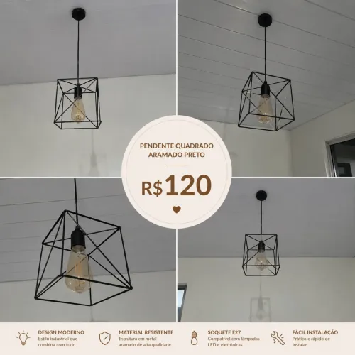 Pendente Aramado Teto Luminária Lustre Retrô Preto Quadrado