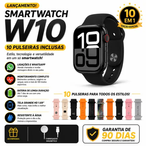 Smartwatch Laxasfit W10 46mm + 10 Pulseiras Relógio Inteligente Fitness, Saúde, Estilo