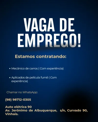 Vaga para mecânico e aplicador de película Fumê.