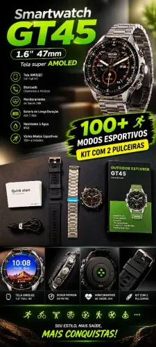 Smartwatch GT45 1.6" 47mm Tela super AMOLED +100 MODOS ESPORTIVOS - KIT COM 2 PULCEIRAS