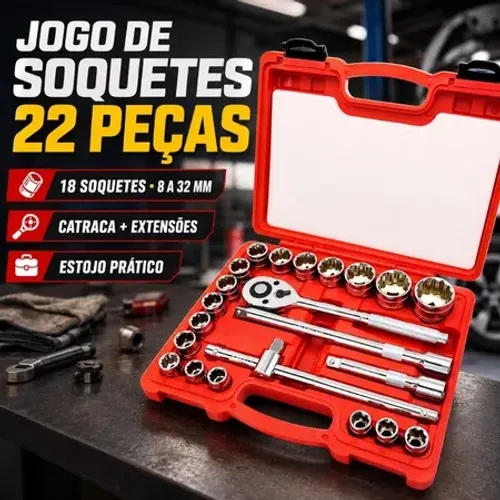 Jogo de Soquetes Estriados 22 Peças - Catraca Reversível Profissional com Estojo