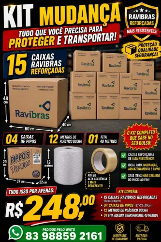Caixas de Papelão kit 15 cxs Reforçadas+01 fita+04 cxs médias +12metros de Plástico bolha