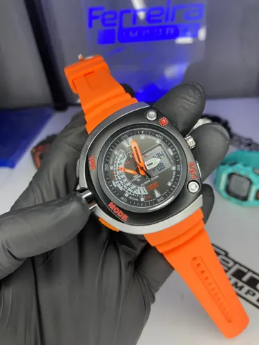 RELÓGIO CITIZEN AQUALAND MEIA LUA LARANJA/ PULSEIRA DE SILICONE
