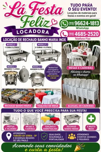Locação de mesas e cadeiras plásticas rechaud banho Maria inox pratos talheres etc