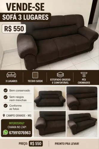 Sofá 3 Lugares Marrom em Suede - R$ 475
