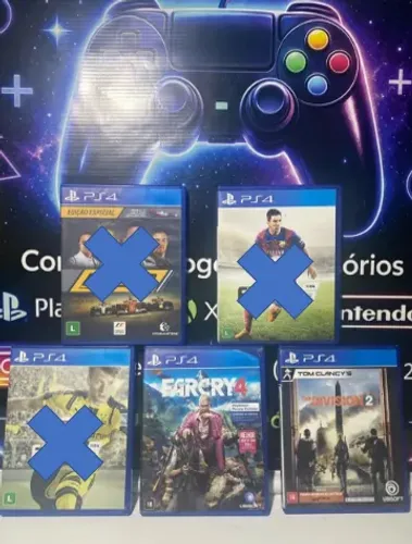 Jogos PS4 (Far Cry 4, The Division 2, F1 2017, FIFA 15, FIFA 17)