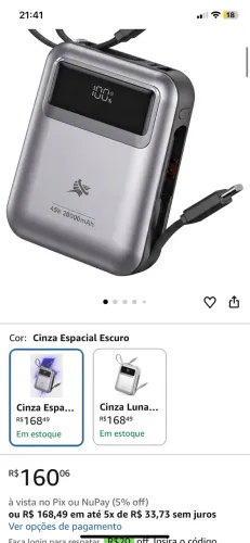 Carregador portátil com cabo embutido USB tipo C e iPhone