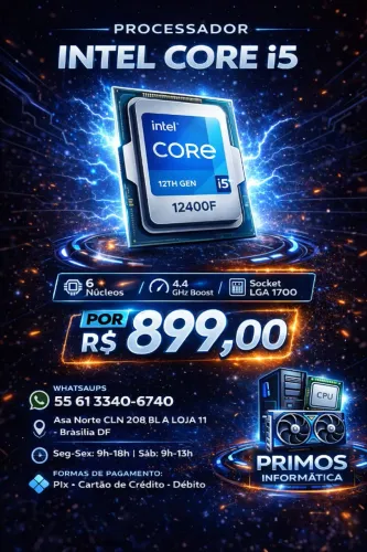 PROCESSADOR INTEL CORE i5 12400F - 12ª GERAÇÃO | R$ 899,00 *NOVO*