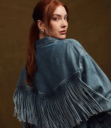 Jaqueta jeans feminina franjas gg nova
