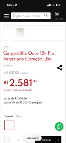 Vendo colar ouro 18k comprado na rubi, nunca usado, valor negociável 
