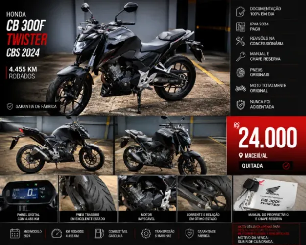 ****Baixou**** Honda CB 300F Twister 2024 CBS - 4 Mil Km - Toda Original
