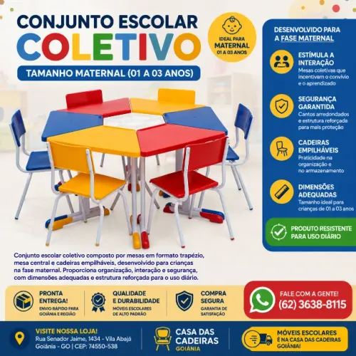 Conjunto Hexagonal Sextavado Escolar MATERNAL 01 a 03 anos - Casa das Cadeiras Goiânia