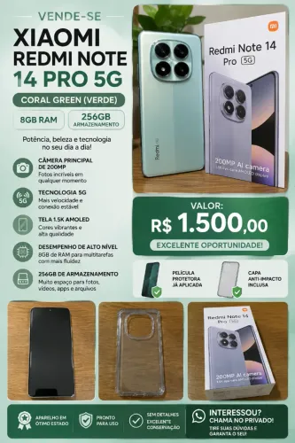 Xiaomi Redmi Note 14 Pro 5G 256GB 8GB RAM Verde + Capa e Película