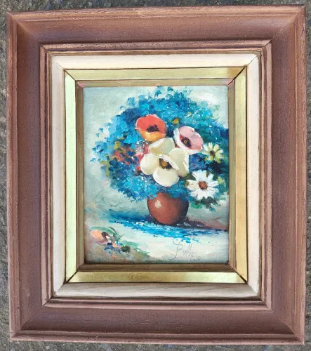 Quadro Antigo Óleo Sobre Tela "Flores do Campo" - Belkis Packe (1990) 14x17cm