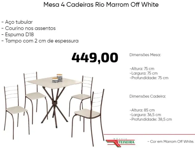 Mesa 4 cadeiras Rio Marrom Off white- PRONTA ENTREGA!!