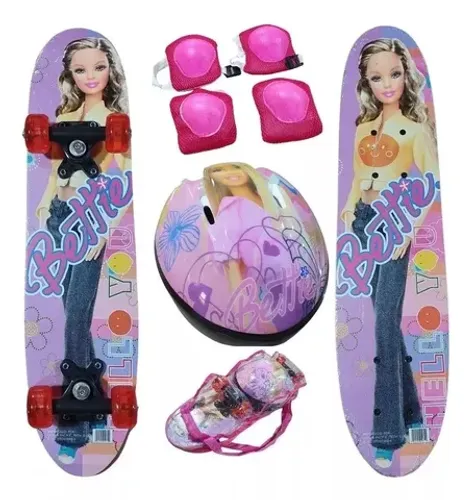 Skate infantil com kit joelheiras rosa estampa boneca Betty novo