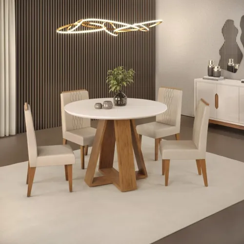 SALA DE JANTAR MESA COM TAMPO REDONDO COM VIDRO CHANFRADO E 4 CADEIRAS