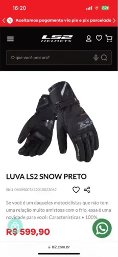 LUVA LS2 SNOW PRETO IMPERMEÁVEL Tamanho M