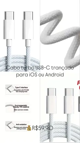 Cabo Turbo USB-C Trançado para iOS ou Android - 30W