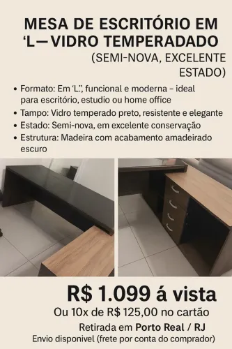 ? Mesa de Escritório em ?L? - Vidro Temperado Preto (Semi-nova, Excelente Estado)