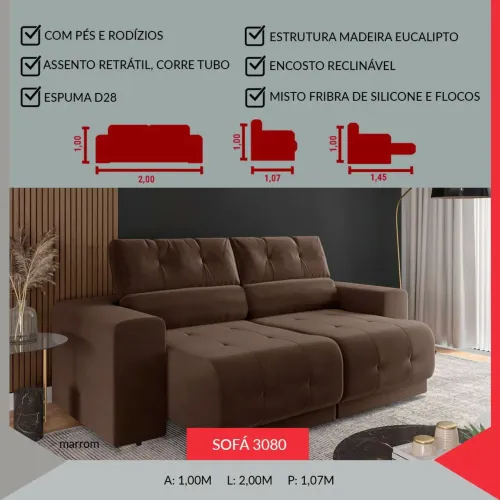 Sofá Retrátil 2 Lugares Sofá renovar 2.00 metros 