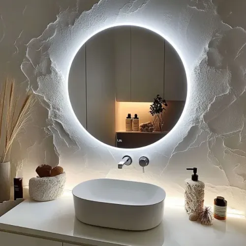 Espelho Redondo Com LED Branco Frio Grande 60x60 cm + Suporte Instalação